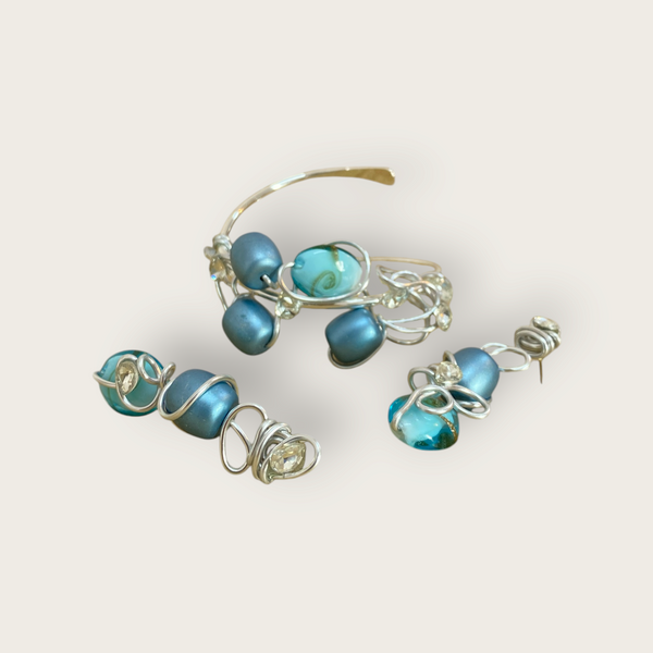 Assymmetical Blue Beaded Bracelet Set - Hbssb