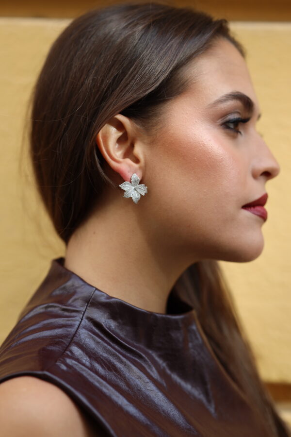 Delicate Silver Floral Stud Earrings with Crystal Accents – AESC35