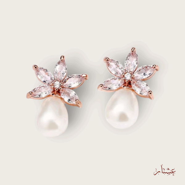 Floral Rose Gold Crystal Pearl Stud Earrings