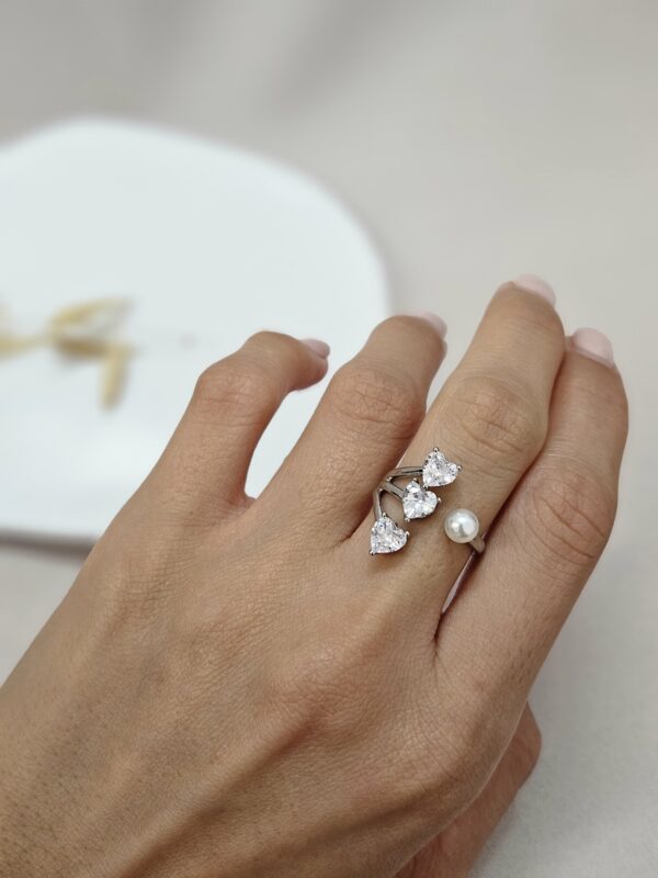 Silver Open Cuff Ring with Three Hearts and a Pearl – ARSP3