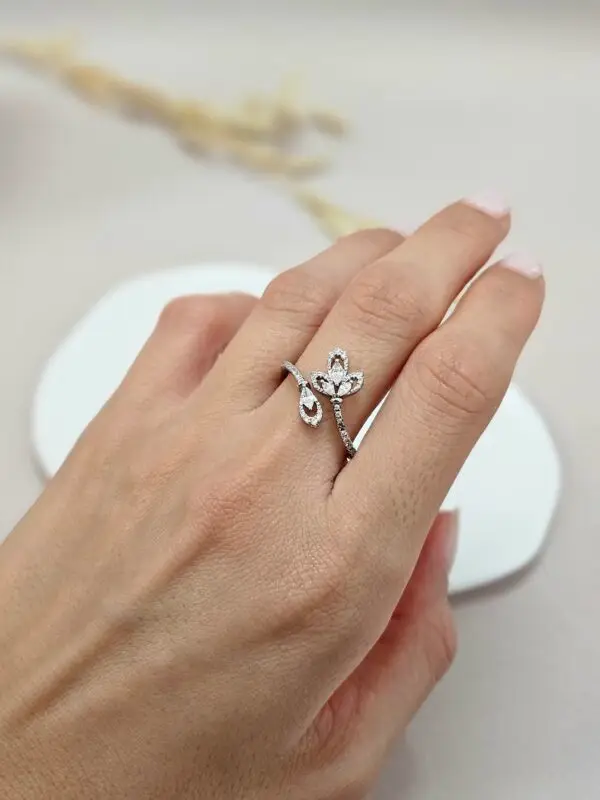 Silver Delicate Floral Open Cuff Ring  – TRG